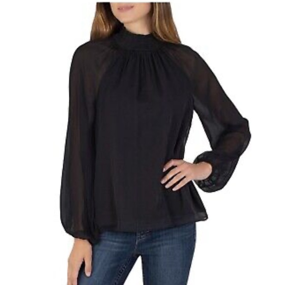 Joie Black Silk Ruffle Sleeve Embroidered Blouse Sz S